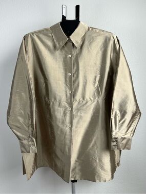 Nora Noh 100% Silk Blouse 2X Gold Oversized Shirt Minimalist Designer Top